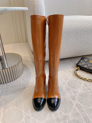 CC 25 Heeled Long Boot Caramel Brown Mix Black Patent Leather 516682