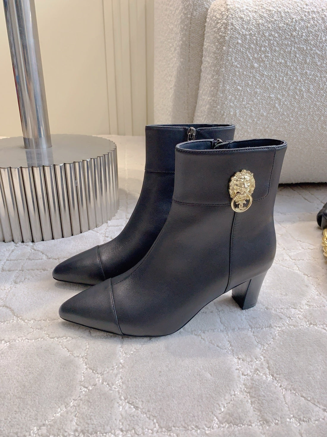 CC 25 Chunky High-Heeled Ankle Boots Black Gold Calfskin 516660