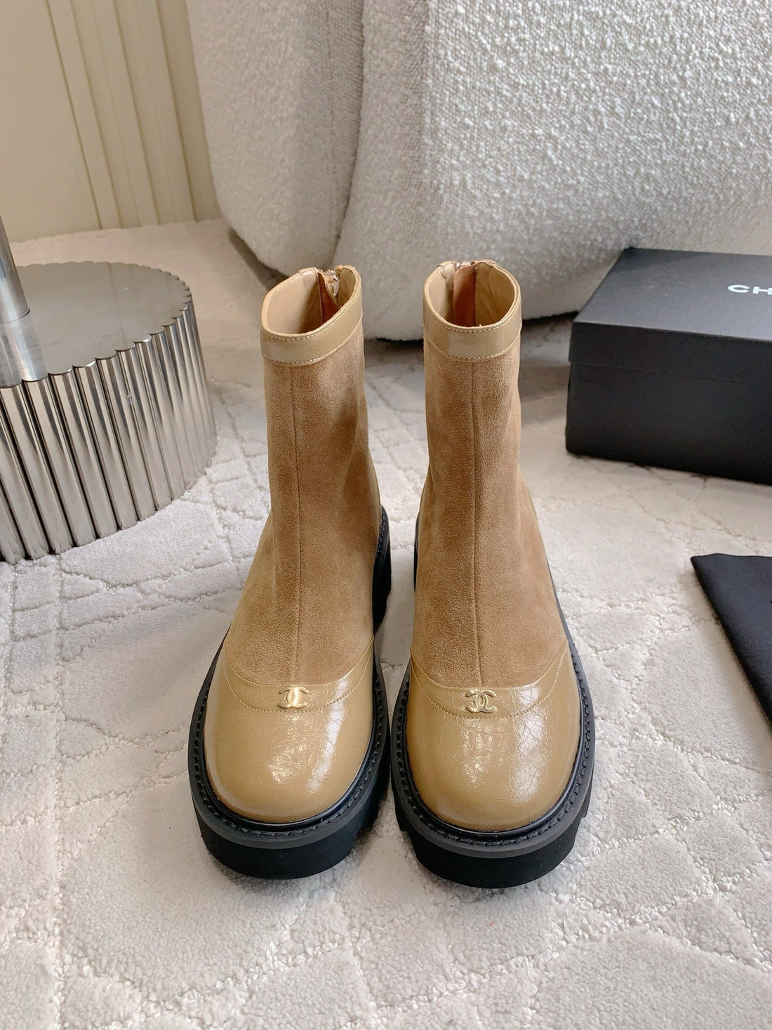 CC New Platform Ankle Boots Light Brown Suede Glossy Sheepskin