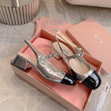 Miu Bicolor Cap-Toe Slingback 4CM Black Sliver Patent Leather 724259