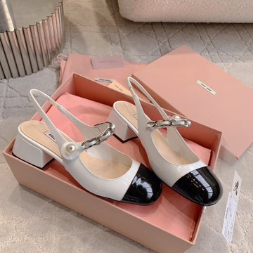 Miu Bicolor Cap-Toe Slingback 4CM Black White Patent Leather