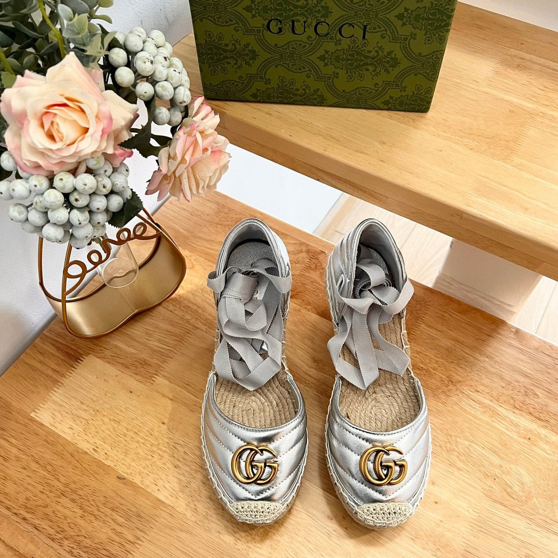 GG Crochet Platform Espadrilles Silver
