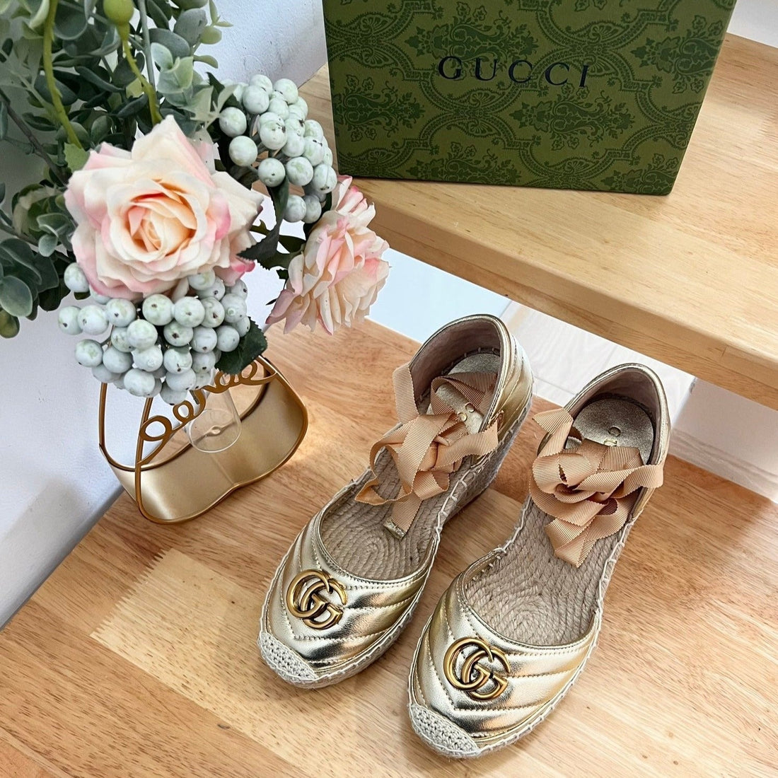 GG Crochet Platform Espadrilles Rose Tan Leather