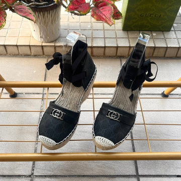 GG 26SS Platform Wedge Sandals 10CM Black Straw Canvas 692209