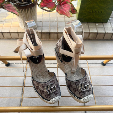 GG 26SS Platform Wedge Sandals 10CM Coffee Straw Canvas 692211