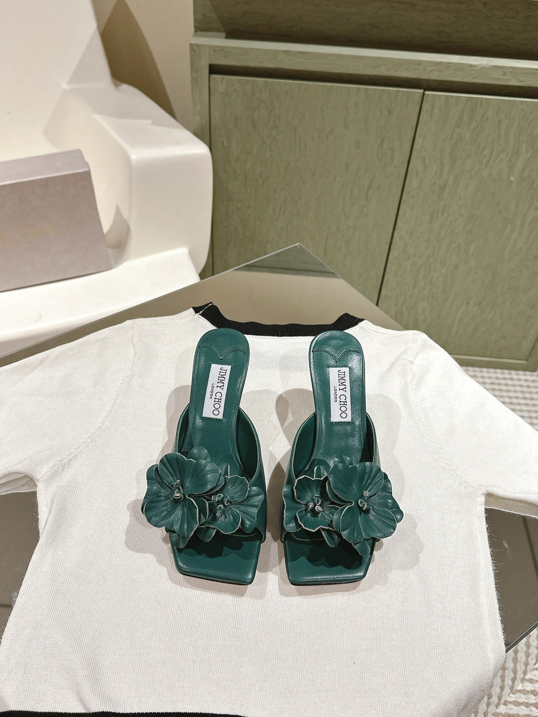 Jimmy Choo Amita Flowers Sandal 4.5cm Teal Green Sheepskin 659640