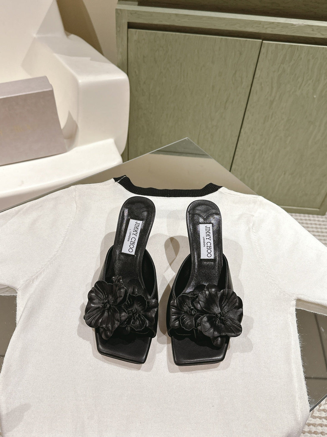 Jimmy Choo Amita Flowers Sandal 4.5cm Black Sheepskin 659644
