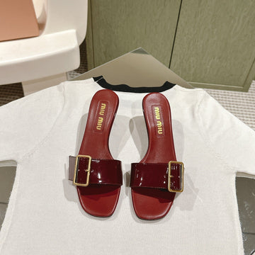 Miu X Balanc Studded Buckle Elegant Mules 45MM Burgundy Patent Leather
