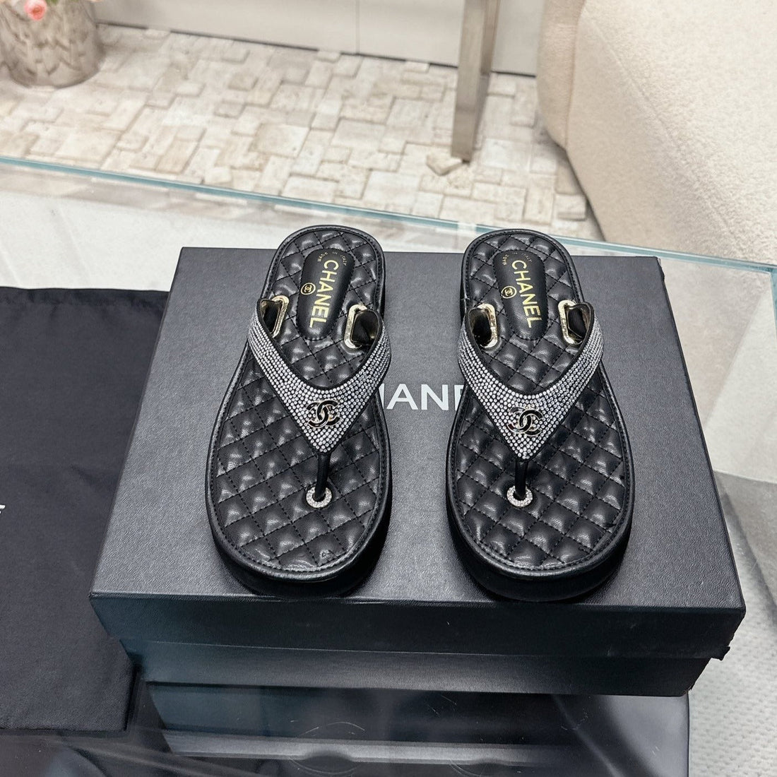 CC Thong Sandal Black Quilted Calfskin