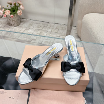 Miu Mordoré Black Bows Mules 50MM Sliver Cowhide 445519