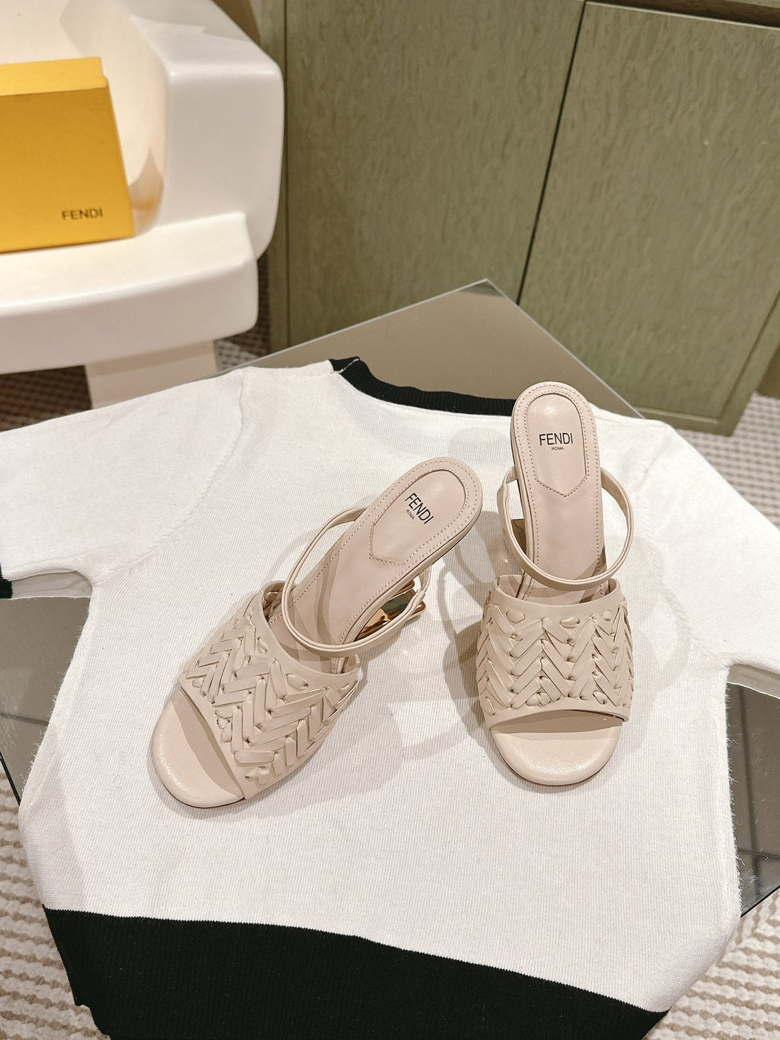 Fendi First High-Heeled Sandals 85 Mm In Beige Lambskin Gold Hardware