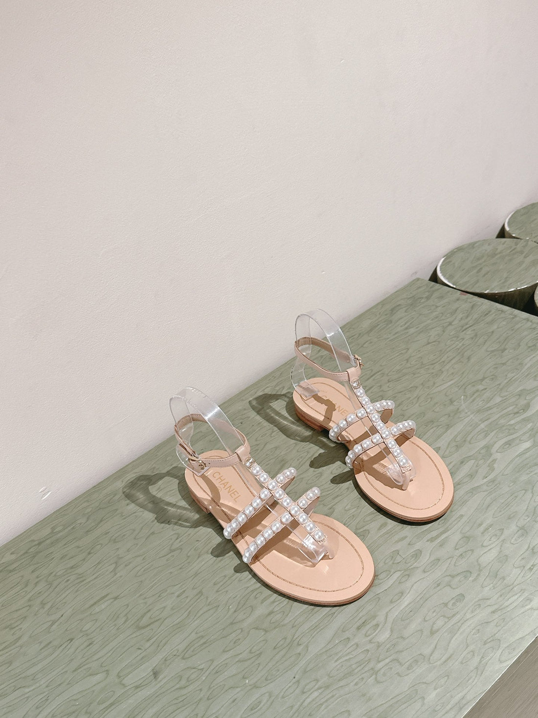 CC Sandals Pearl Roman In Almond Beige Lambskin