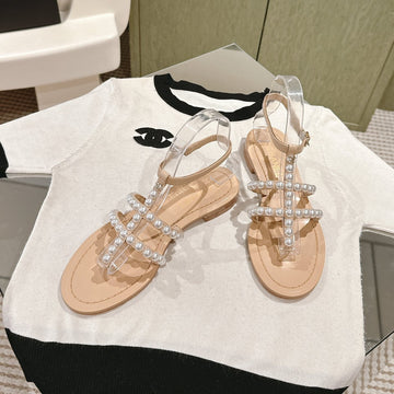 CC Sandals Pearl Roman In Almond Beige Lambskin