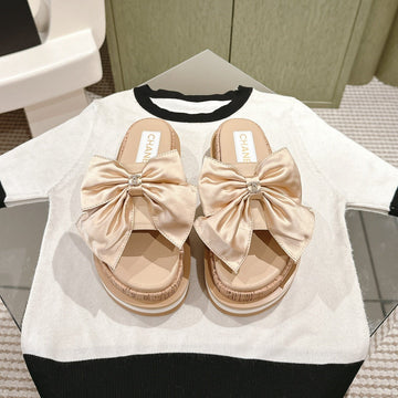 CC Slippers With Silk Bow In Beige Almond Cowhide