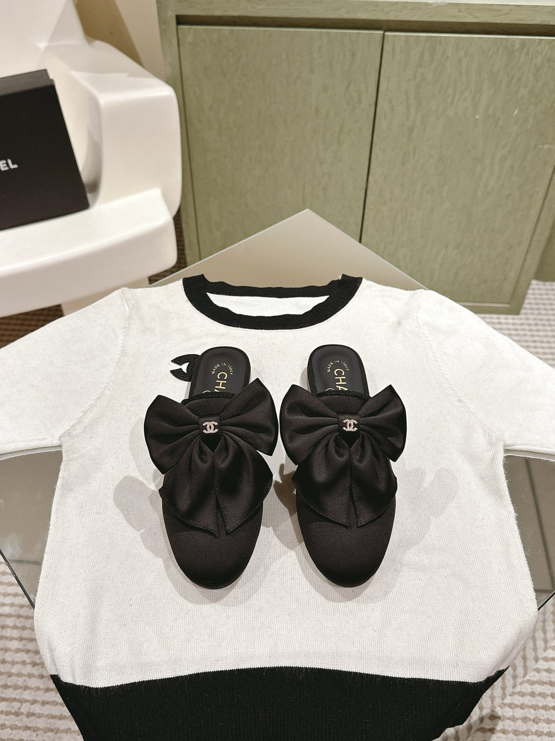 CC Mule With Silk Bow And Black Lambskin