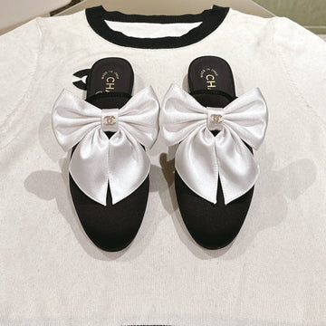 CC Mule With Silk White Bow And Black Lambskin