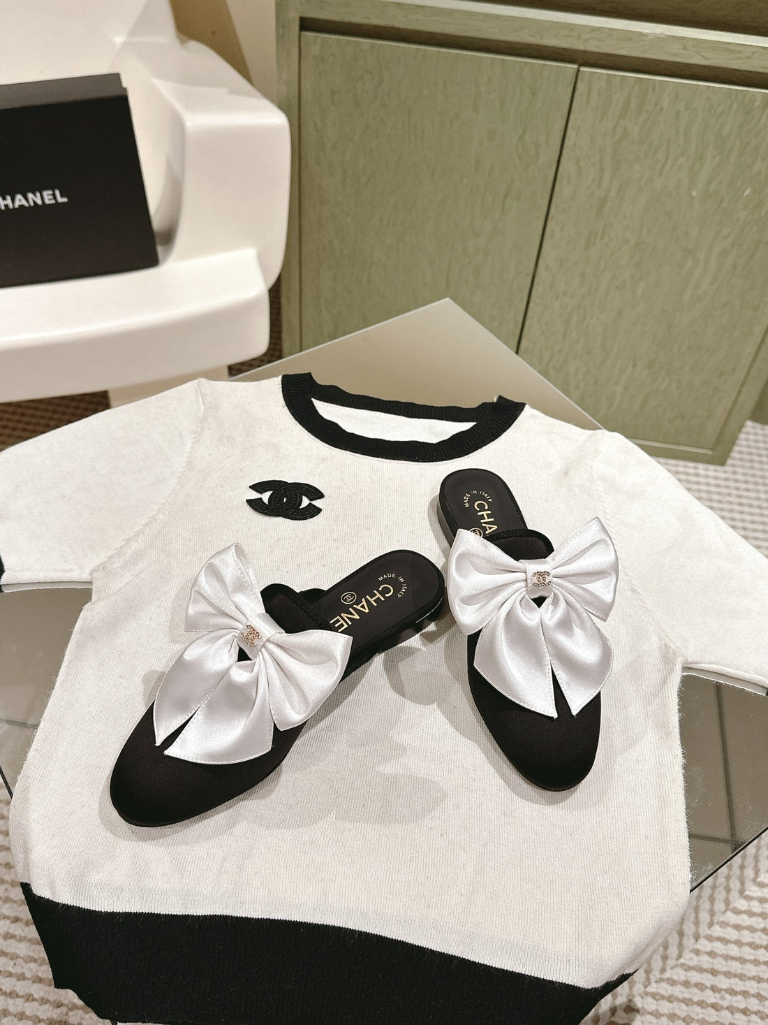 CC Mule With Silk White Bow And Black Lambskin