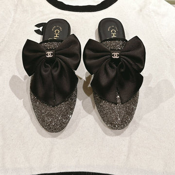 CC Jeweled Mule With Silk Bow And Black Lambskin