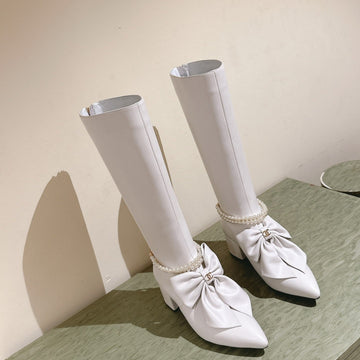 CC 24A Pearl Bow Knee-High Boots 65MM White Sheepskin 447464