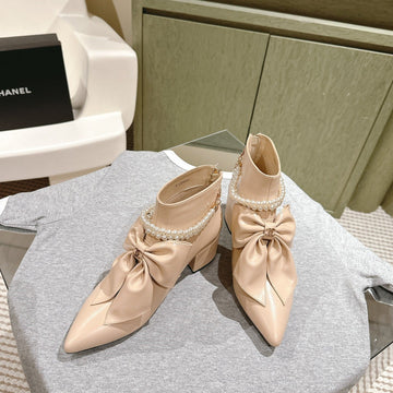 CC 24A Pearl Bow Ankle Boots 65MM Beige Sheepskin 447469