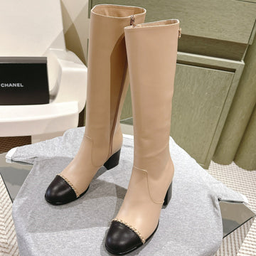 CC 24 Fw Knee-High Boots With Chain 70MM Beige Black Cowhide 447185