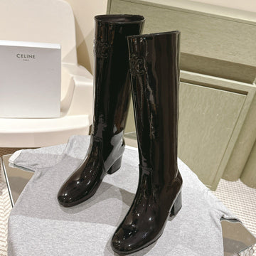 Celine Les Bottes Triomphe Zipped Long Boot Black Patent Calfskin 452696