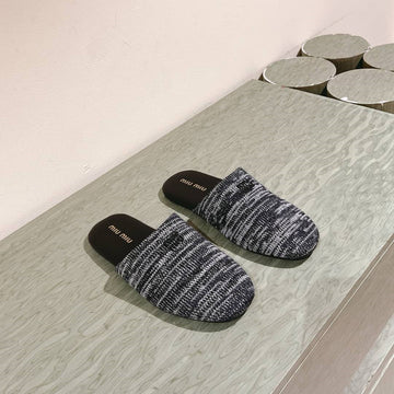 Miu Slide Black Mix White Wool Cowhide 445672