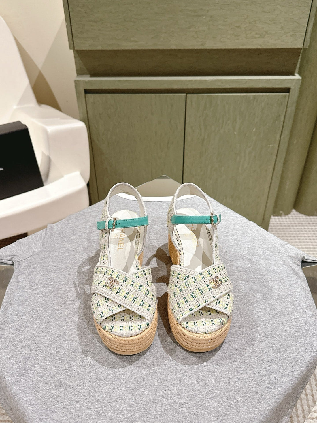 CC 25SS Espadrille Sandals 85MM Greenish-Blue Colorful Tweed Cowhide 462245