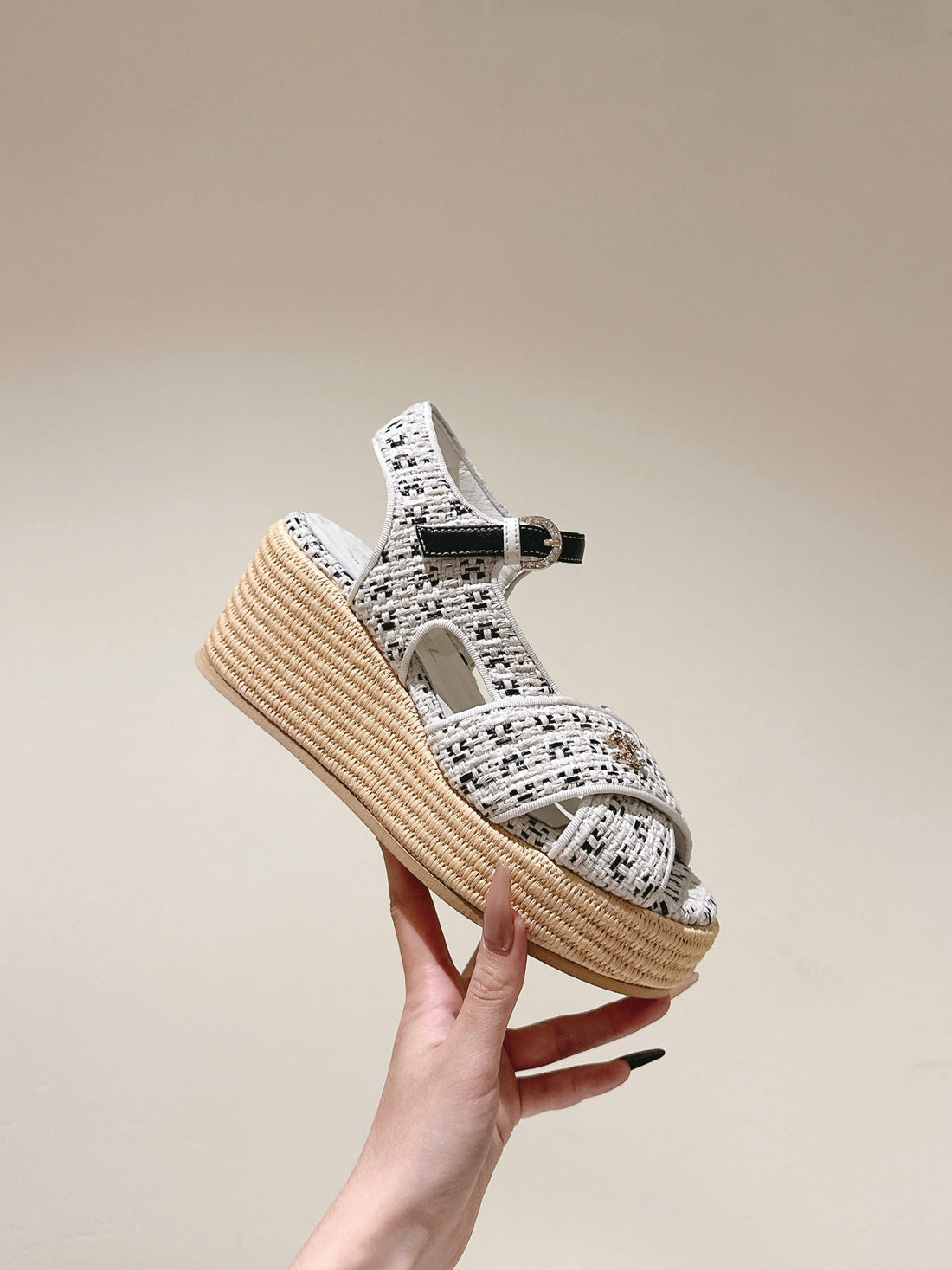 CC 25SS Espadrille Sandals 85MM Black Colorful Tweed Cowhide 462246