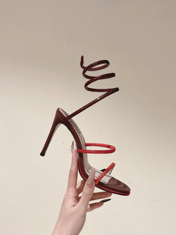 Rc 25 Snake-Shaped High-Heeled Sandals Dark Red Silk Rhinestones 268061
