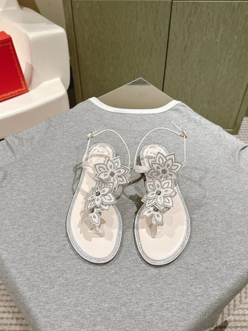 Rc 25 Flat Sole Flower Thong White Silk Rhinestones 268063