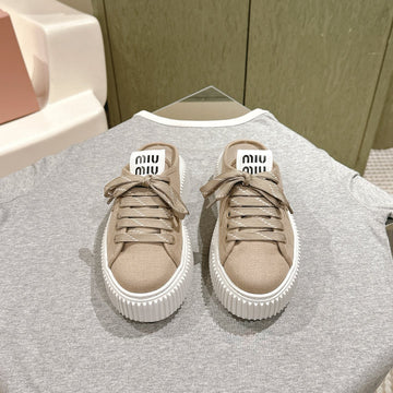 Miu Miu Biscuit Shoes Platform Mules Beige Denim Canvas 532873