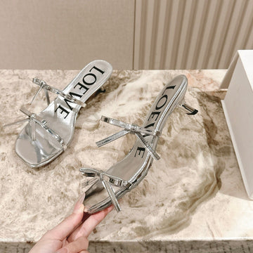 Loewe 25 Petal Bow Sandals Silver Cowhide Pvc