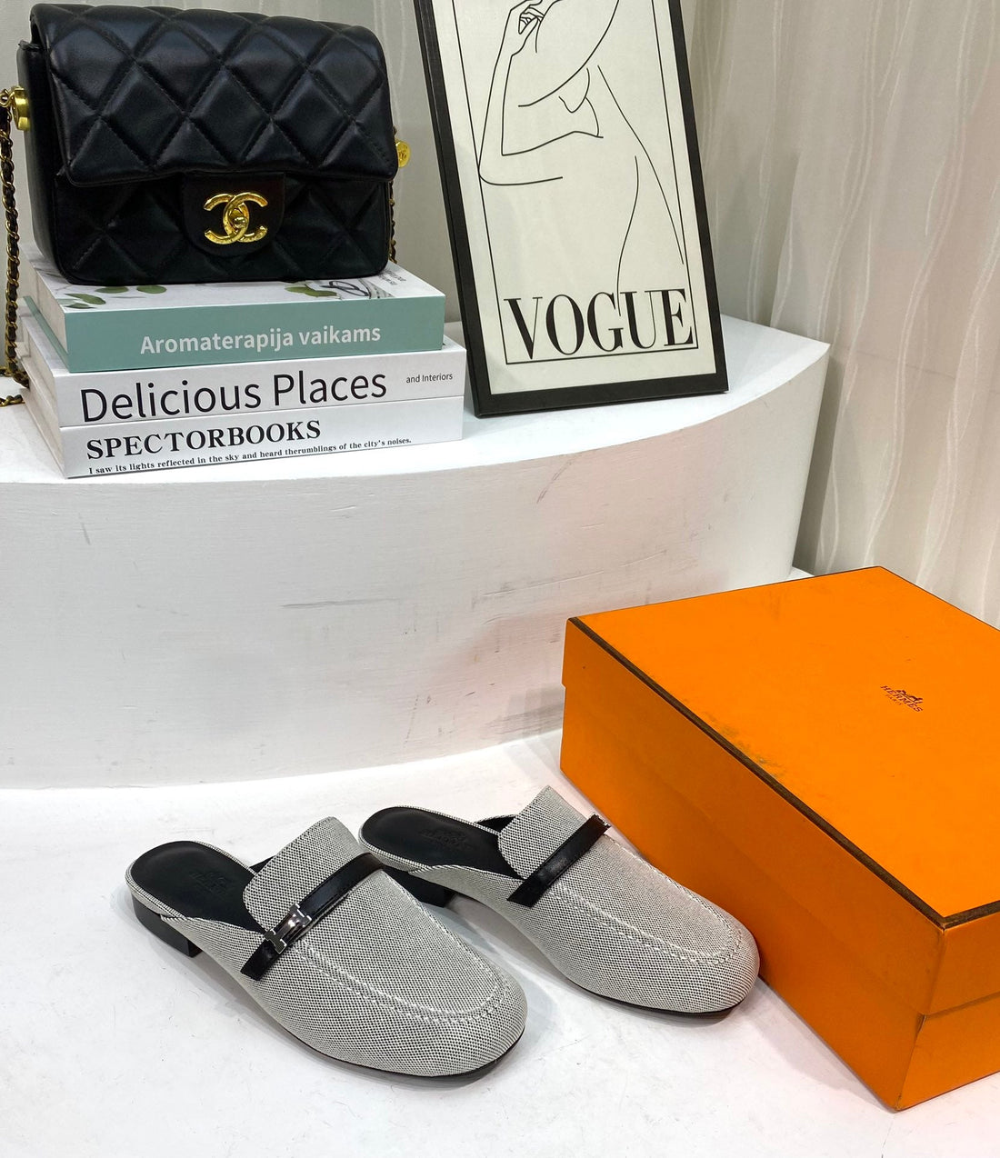 Iena Mule Gray Canvas And Black Calfskin