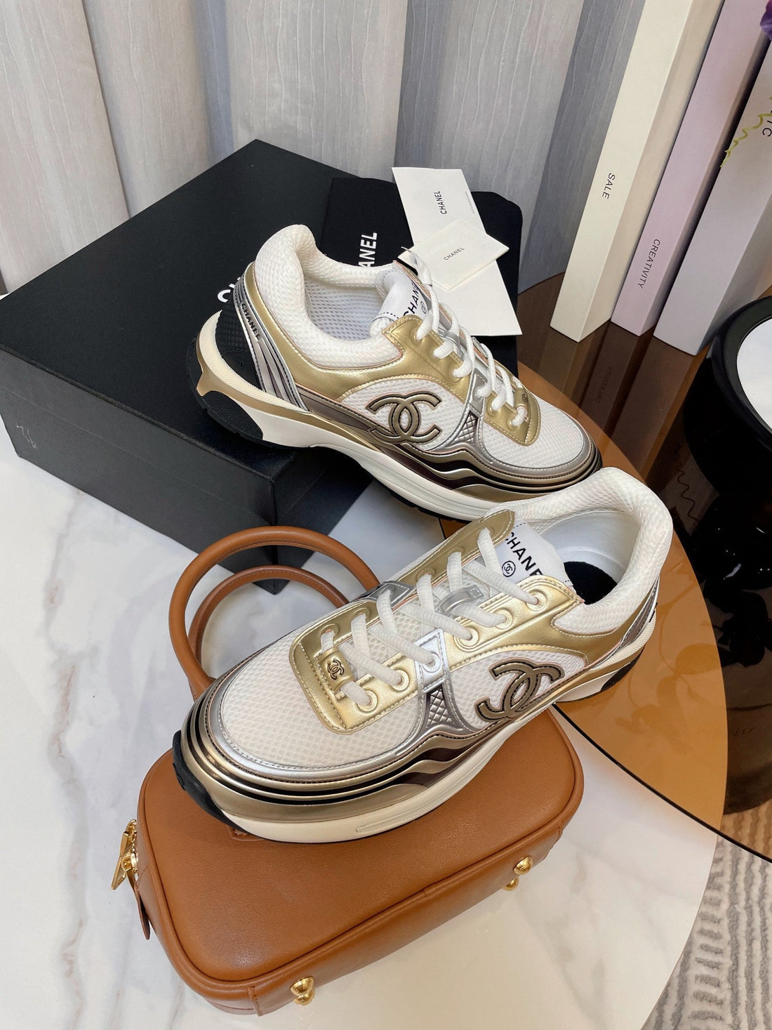 CC Classic Sneaker White Fabric Gold Metalic Calfskin