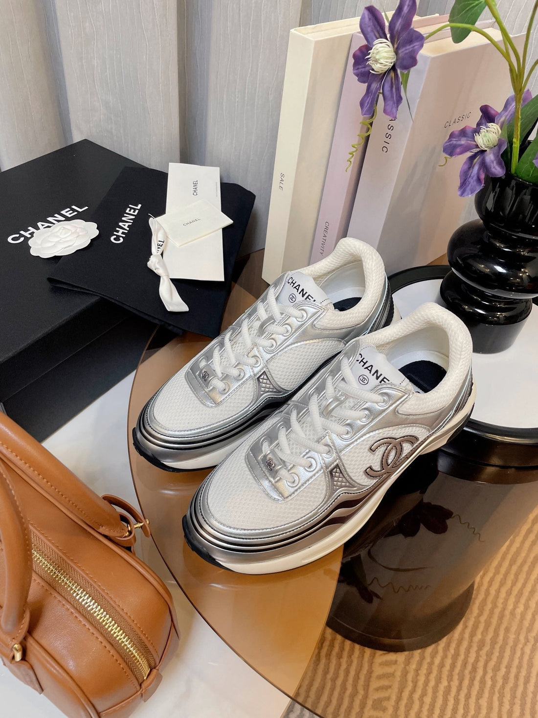 CC Classic Sneaker White Fabric Silver Metalic Calfskin