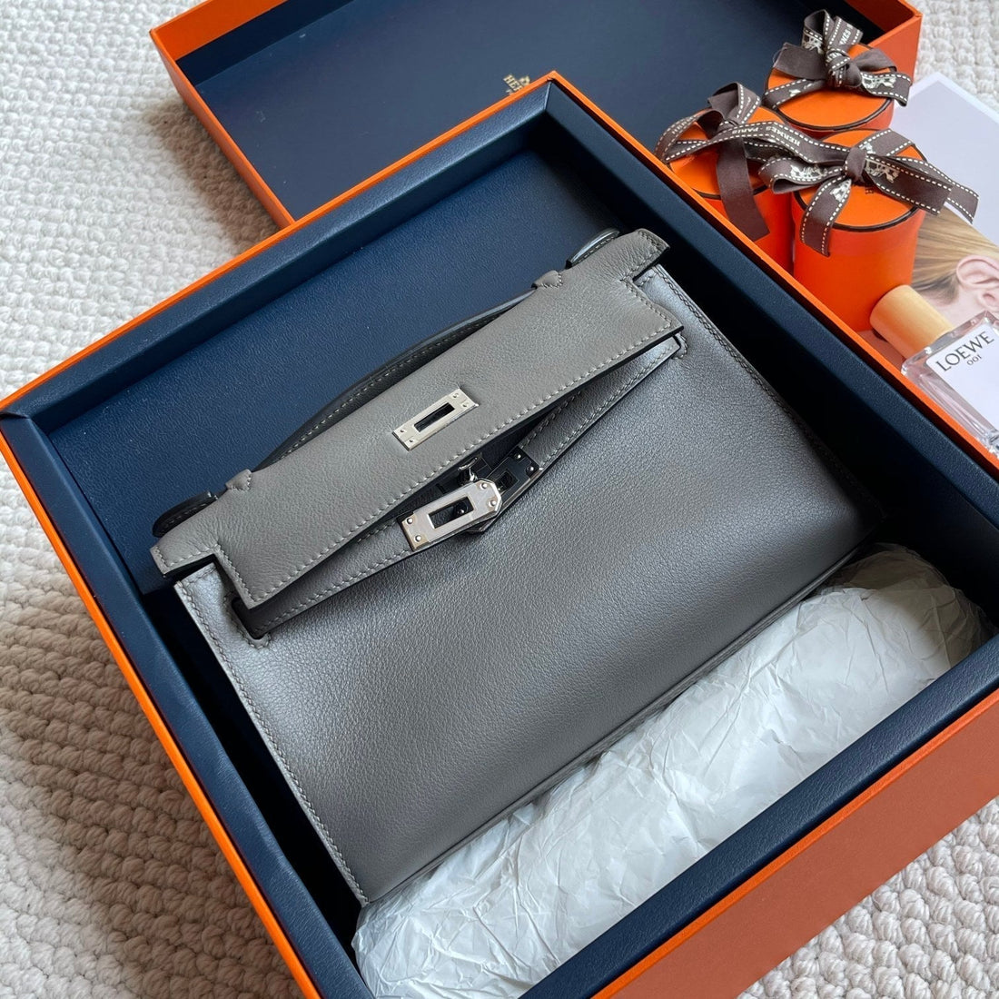 HM Kelly Pochette 22CM Smoke Gray Swift Silver Hardware