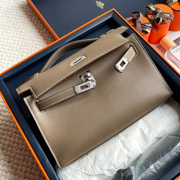 HM Kelly Pochette 22CM Gris Elephant Swift Silver Hardware