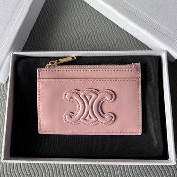 Triomphe Zipped Card Holder Pink Cowhide Leather