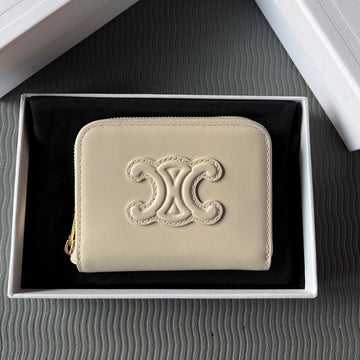Triomphe Compact Zipped Wallet Beige Cowhide Leather