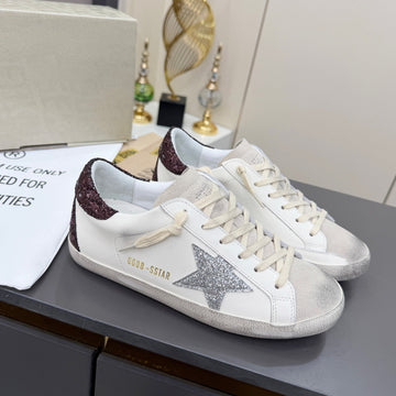 Golden Goose 26S Superstar Sneakers White Sliver Burgundy Glitter Leather 735893