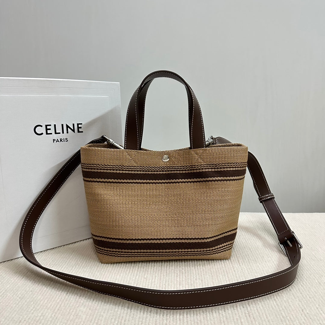 Celine Mini Cabas 23CM Chocolate Calfskin Dark Beige Textile