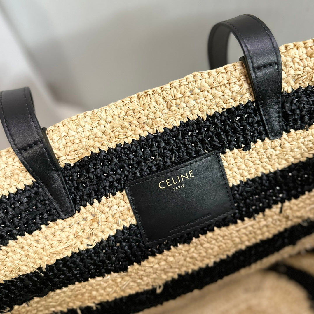 Celine Medium Supple Classic Panier 30CM Black Calfskin Beige Raffia