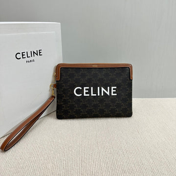 Small Pouch 25 In Black Triomphe Canvas And Brown Calfskin With Celine Print