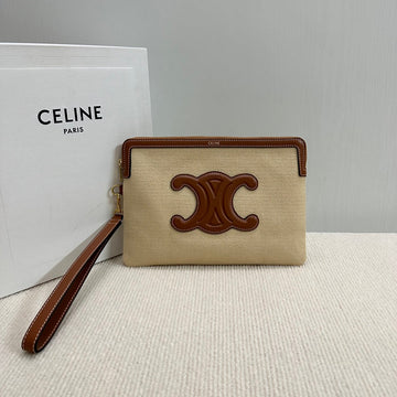 Small Pouch 25 In Beige Canvas And Brown Calfskin
