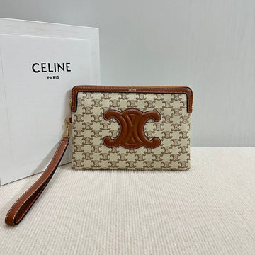 Small Pouch 25 In Beige Triomphe Textile And Brown Calfskin