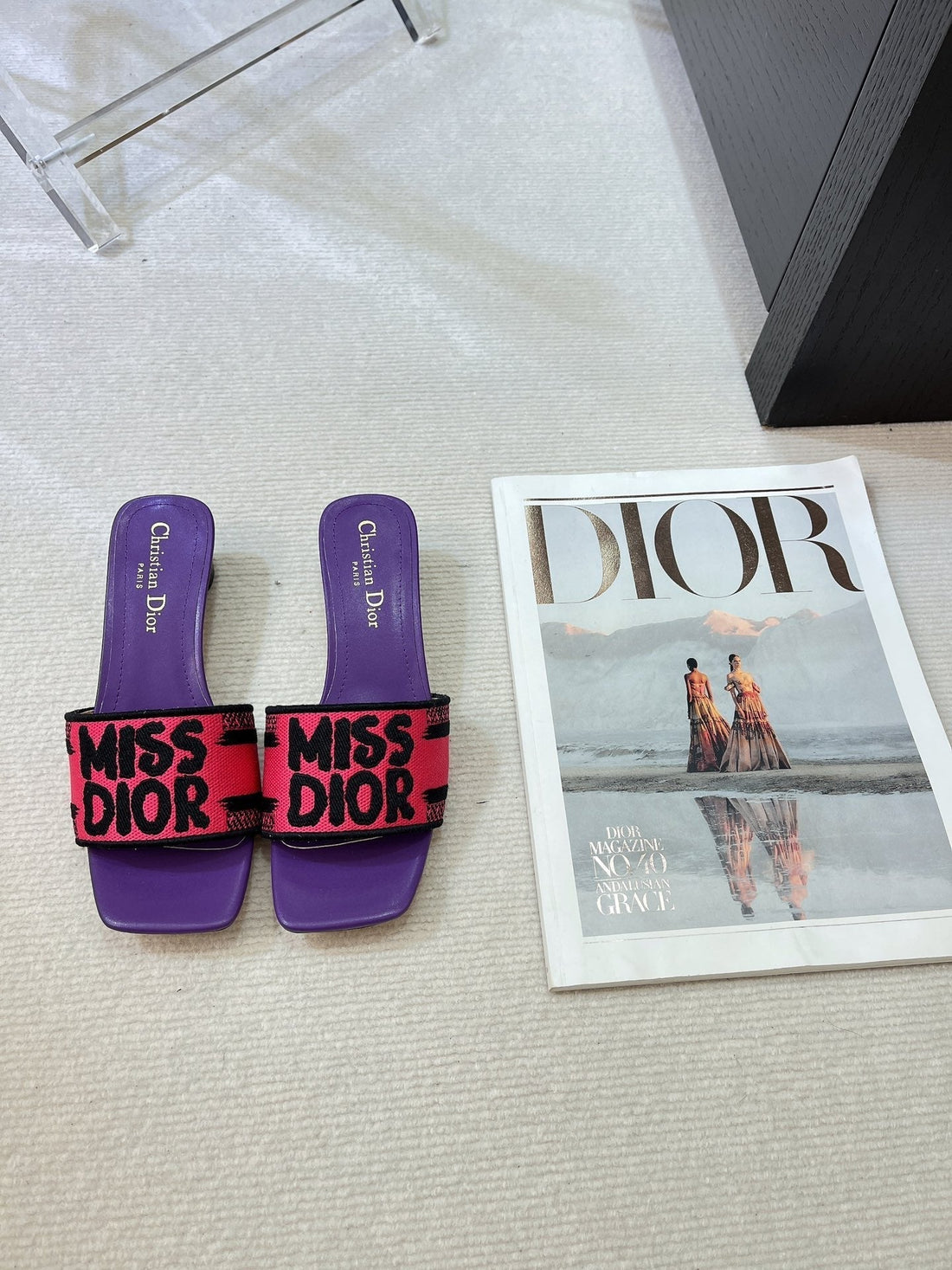Dway Heeled Slide 35 Red Purple Embroidered Cotton