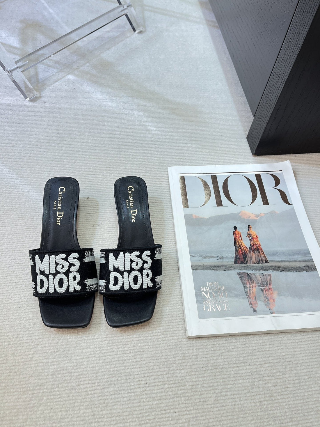 Dway Heeled Slide 35 Black Embroidered Cotton