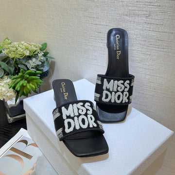 Dway Heeled Slide 35 Black Embroidered Cotton