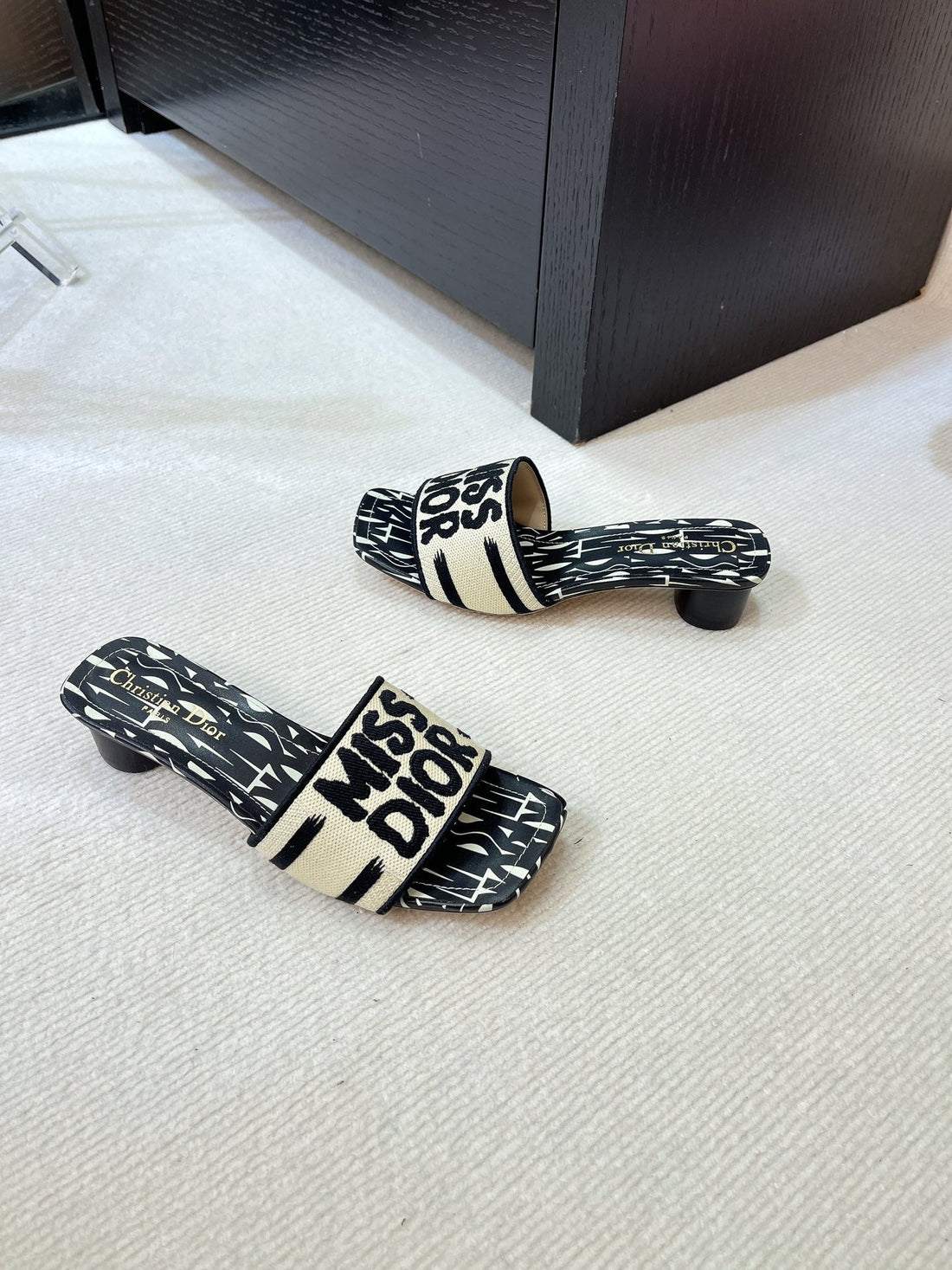 Dway Heeled Slide 35 Embroidered Cotton Black Miss CD Alllover Motif